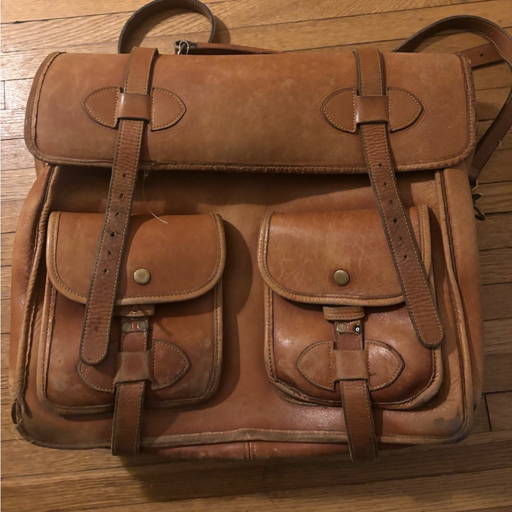 Vintage Scholar Satchel Oversized Three Compartment Leather Briefcase Tan Brown